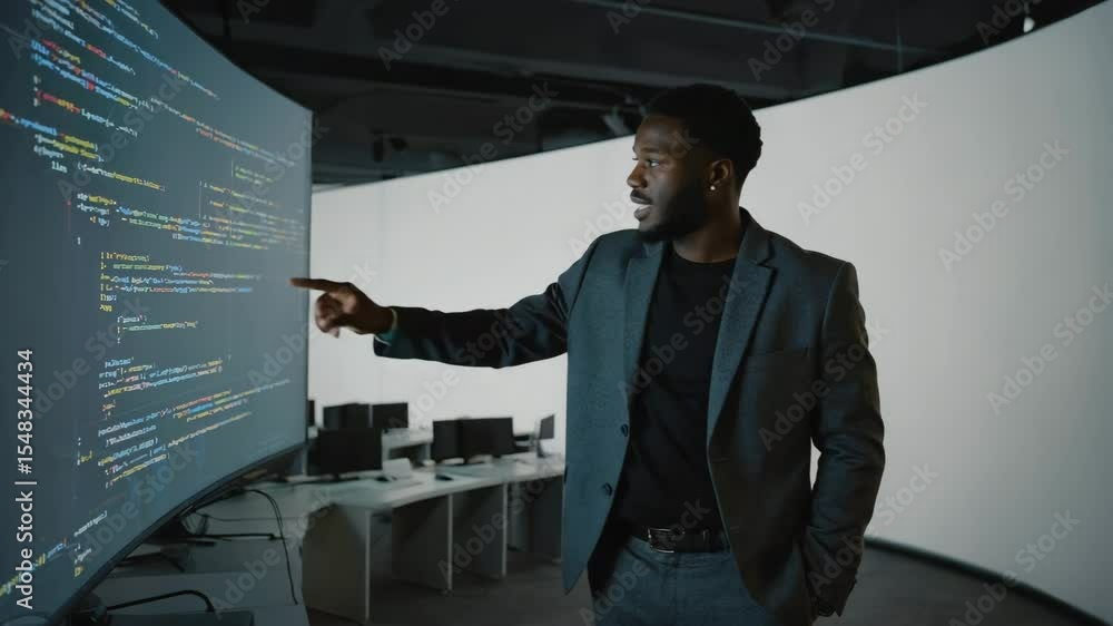 Poster professional african american man working with real-time code in a futuristic tech hub. concept of i