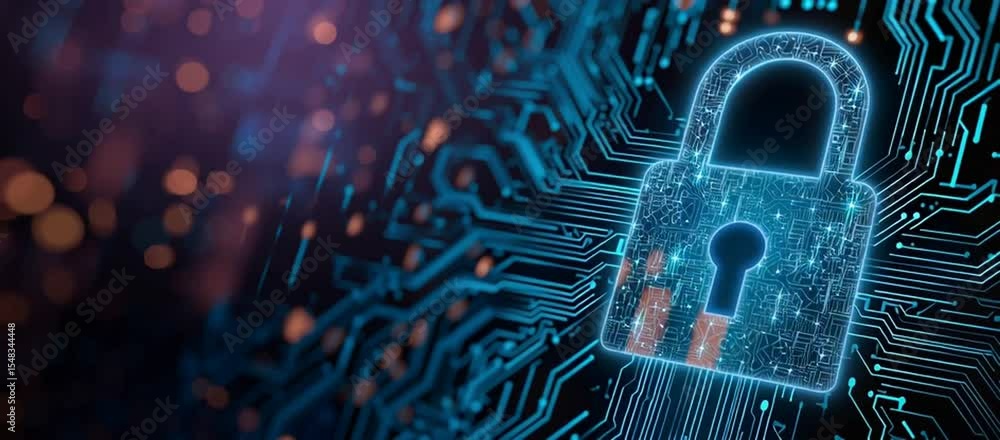 Poster cybersecurity banner background with digital padlock and circuit board elements, symbolizing data pr