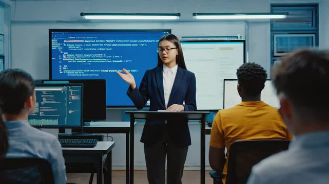 A young Asian female professor explains programming concepts to a diverse group of students in a coding classroom. Concept of inclusive tech education and digital literacy.