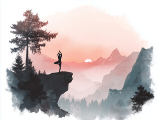 Mountain Yoga at Sunrise – Silhouette of Woman in Tree Pose on Cliff Overlooking Misty Mountains – Mindfulness, Strength, and Nature Balance 