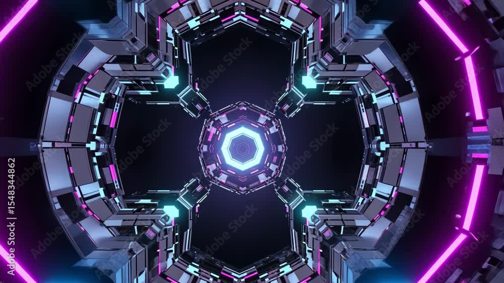 Poster a glowing hexagonal tunnel pulses with vibrant neon lights in a futuristic digital space.