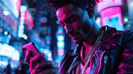 A young man, illuminated by the vibrant city lights, focuses on his smartphone, reflecting modern life, technology, and urban dynamics in a visually striking way.
