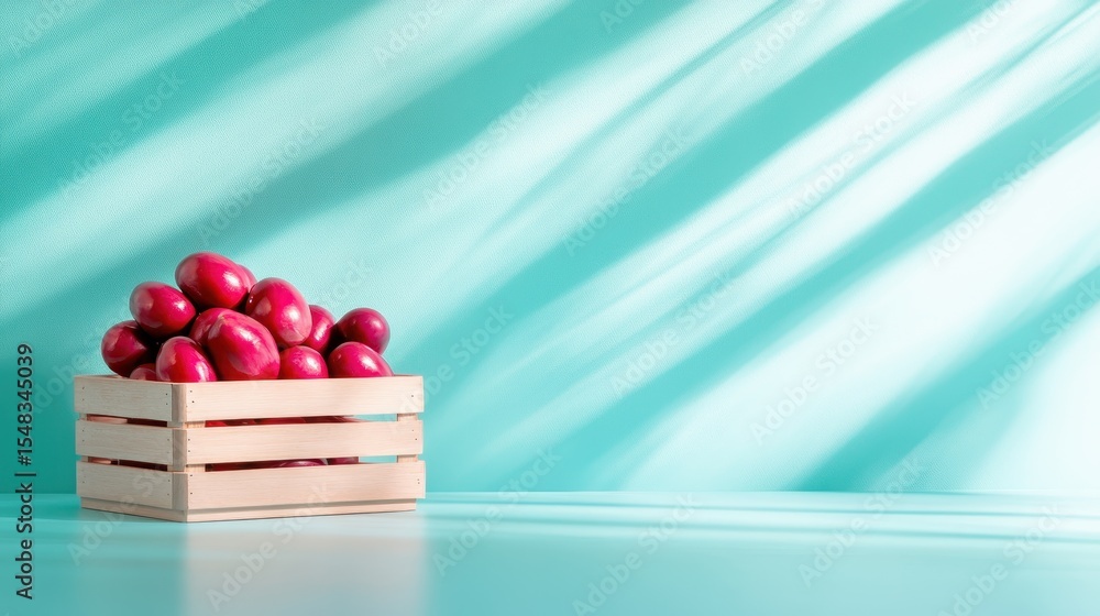 Poster a vibrant display of glossy red apples stacked in a rustic wooden crate against a turquoise backgrou