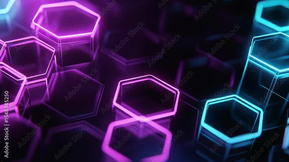 Poster abstract neon hexagons glowing in vibrant pink and blue colors, creating a striking spatial pattern 