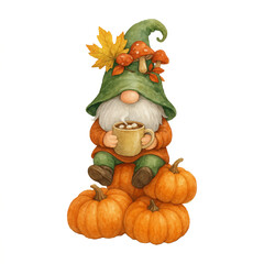 Autumn Gnome with Hot Chocolate Sitting on Pumpkins with Fall Leaves