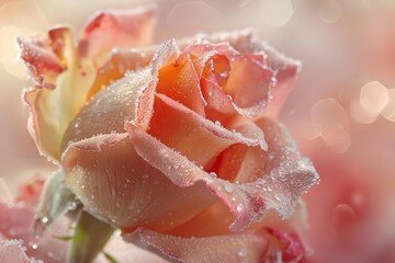 Fototapeta premium Close-up of a peach and pink rose covered in dewdrops, set against a blurred, bokeh-filled background.