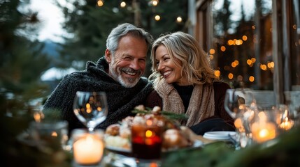 A joyful couple shares a warm meal outdoors, illuminated by softly glowing lights, creating an intimate atmosphere surrounded by nature and festive decor.