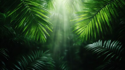 A vibrant view of a lush tropical jungle, with sunlight filtering through the green palm leaves, creating a peaceful and serene atmosphere full of life and nature's beauty.