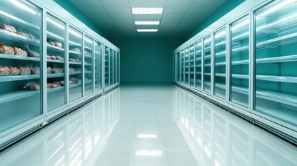 A striking image of an empty supermarket aisle lined with chill display cases, highlighting a clean and modern retail environment emphasizing the allure of fresh produce.