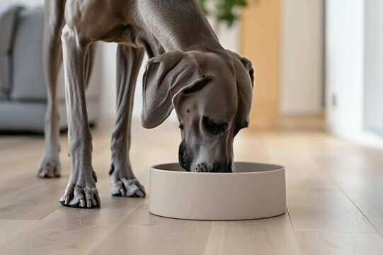 Hund frisst oder trinkt aus Futternapf