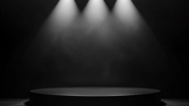 Dark stage with spotlight illumination and a circular platform, ideal for performances, presentations, or theatrical events, creating dramatic ambiance and focus on center stage.
