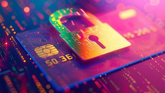 Digital security concept showcasing a locked padlock on a credit card with vibrant colors, symbolizing online safety and cybersecurity in financial transactions. - Powered by Adobe