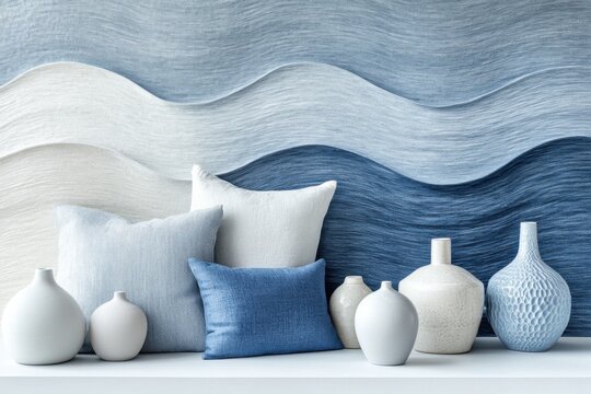 Abstract waves of white, icy blue, and steel grey flow diagonally with decorative pillows and vases adding a soft modern touch
