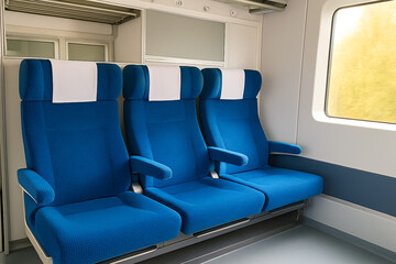 Interior of a modern passenger train with three empty blue seats near a large window. Clean and bright railway cabin with overhead shelf and soft natural light.