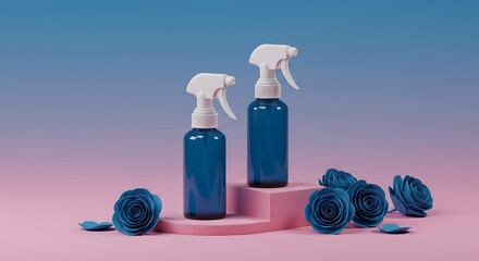 Blue Spray Bottles Displayed with Paper Roses on Gradient Background