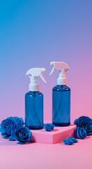 Blue Spray Bottles with Paper Flowers on Pink Pedestal