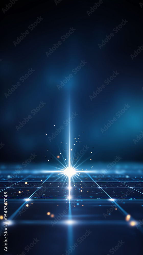 Poster bright light beam radiates upward from grid surface, creating a mesmerizing visual effect. dark blue