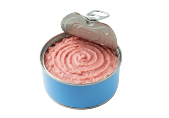 Open can of pink tuna with a blue container and a silver lid on a plain studio setting on transparent background
