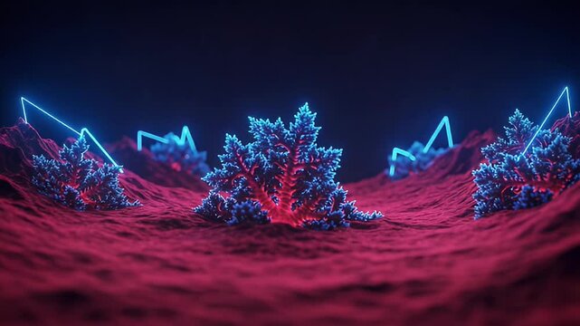 Futuristic Coral Landscape in Red and Blue Digital Art with Neon Lights and Dark Background Rendered in an Abstract Surreal Style Optimized for Adobe Stock