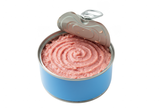 Open can of pink tuna with a blue container and a silver lid on a plain studio setting on transparent background