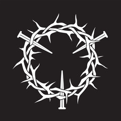 jesus thorn crown and nails isolated on black background
