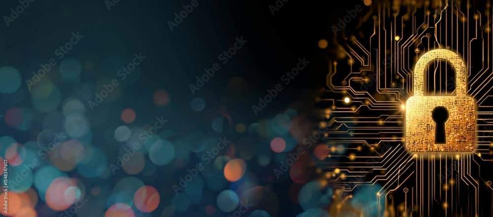 Poster cybersecurity banner background with digital padlock and circuit board elements, symbolizing data pr