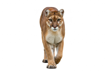 A majestic mountain lion strides forward with focused gaze against a solid color canvas field on transparent background