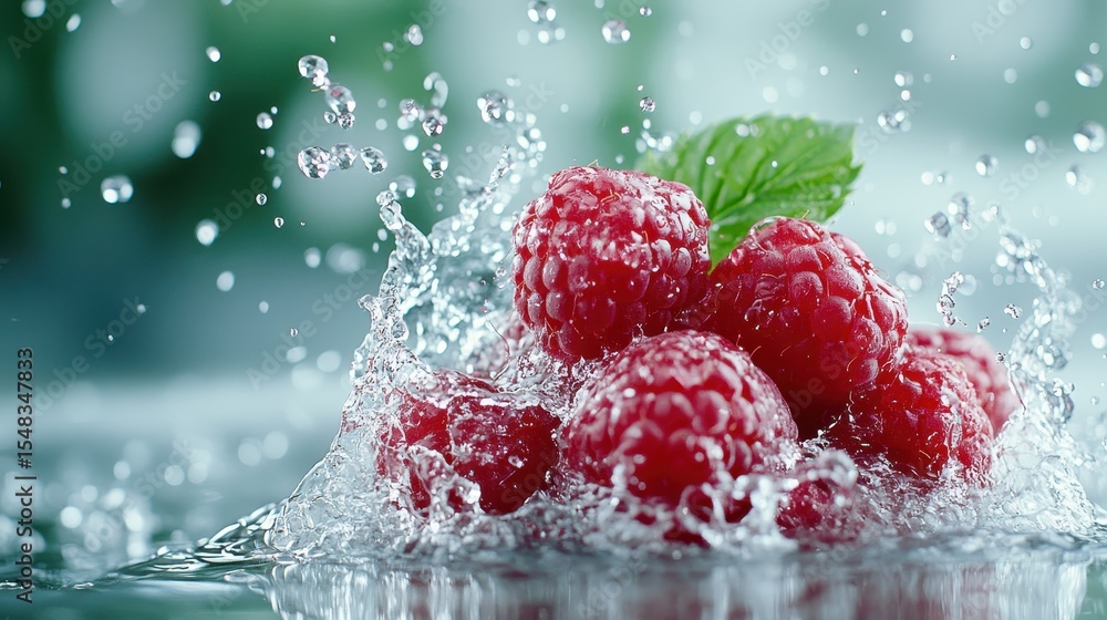 Aufkleber bright red raspberries create dynamic splashes as they fall into clear water, showcasing freshness a