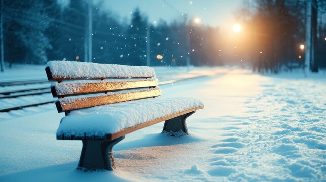 A solitary bench blanketed in fresh snow glimmers under the warm glow of a winter sunrise, inviting reflection and evoking feelings of calmness and tranquility.