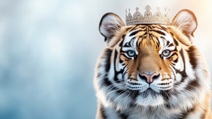 Fototapeta premium A striking image of a tiger adorned with a sparkling crown, symbolizing majesty and elegance, captivating audiences with its powerful presence and royal charm.