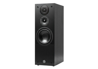 Obraz premium Single speaker with three drivers showcasing audio equipment in a studio setting for sound enthusiasts on transparent background