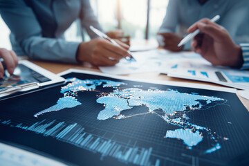 Business meeting with financial planning documents, global map on screen.