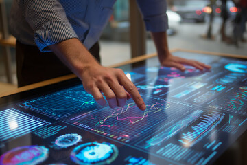 Businessman analyzing financial report on large interactive touch screen