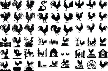 Crowing Rooster Silhouette Collection – Morning Farm Icons Rooster Crowing Icon Silhouette Set – Farm Animal Vector Pack