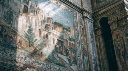 Naklejka premium Detailed wall mural painting depicting architectural landscape and figures