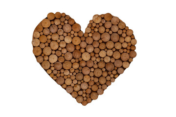 Collection of wooden logs arranged in shape of a heart isolated on white background