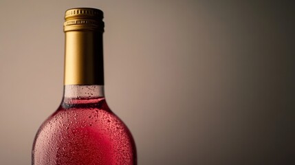 A chilled bottle of rose wine glistens with condensation in a studio setting, showcasing smooth curves and a warm atmosphere