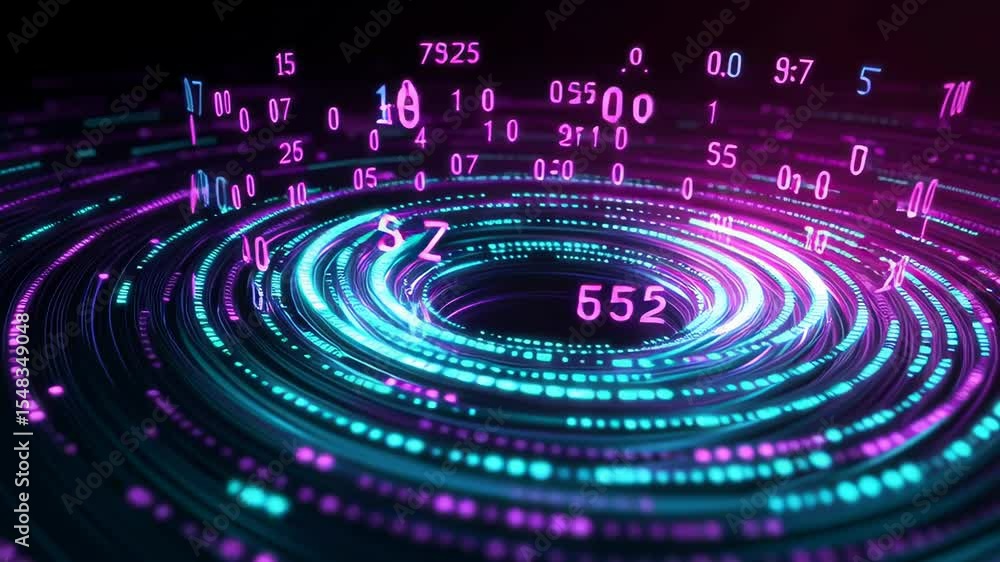Poster vibrant digital vortex with swirling data and glowing binary numbers creating an abstract representa