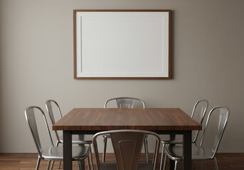 Wooden table and steels chair in dining room of cafe or family restaurant with blank white frame on wall. Shop Interior, 3D Rendering, 3D Illustration.