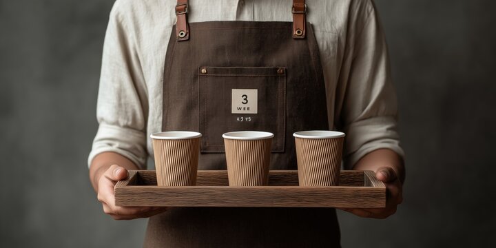 A Barista in Brown Apron Holding a Wooden Tray with Three Brown Disposable Coffee Cups against a Dark Gray Background