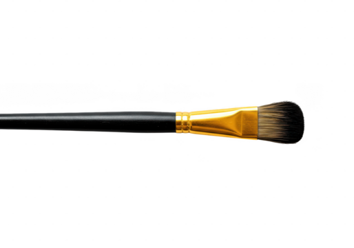 A close up studio shot of a makeup brush with a golden ferrule and a shiny handle on a dark space on transparent background