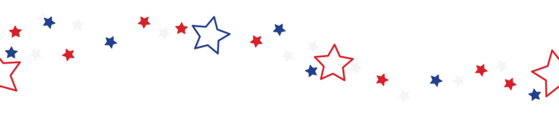 4th of July scattered stars seamless border pattern isolated on transparent background. American USA Independence day clip art. Flat vector illustration