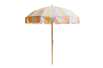Striped summer umbrella; scalloped edge, orange pole