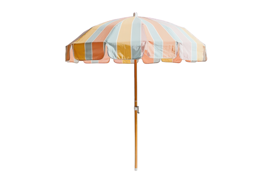 Striped summer umbrella; scalloped edge, orange pole