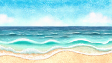 Seascape. Blue sky and sea. Sand coast. Watercolor illustration.