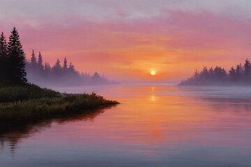 Fototapeta premium Pink and Orange Sunrise over Misty River and Pine Trees