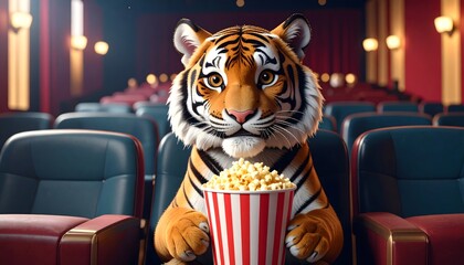 Cute animated tiger sitting in a movie theater holding a striped bucket of popcorn, surrounded by empty red seats and warm lighting.