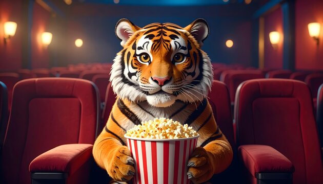 Adorable animated tiger sitting in a cozy movie theater holding a large striped bucket of popcorn, surrounded by plush red seats and warm ambient lighting.