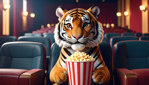 Cute animated tiger sitting in a movie theater holding a striped bucket of popcorn, surrounded by empty red seats and warm lighting.