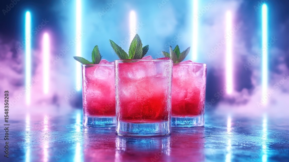 Poster A vibrant display of three refreshing cocktails adorned with mint leaves, surrounded by colorful mist and soft neon lights that create a party atmosphere.